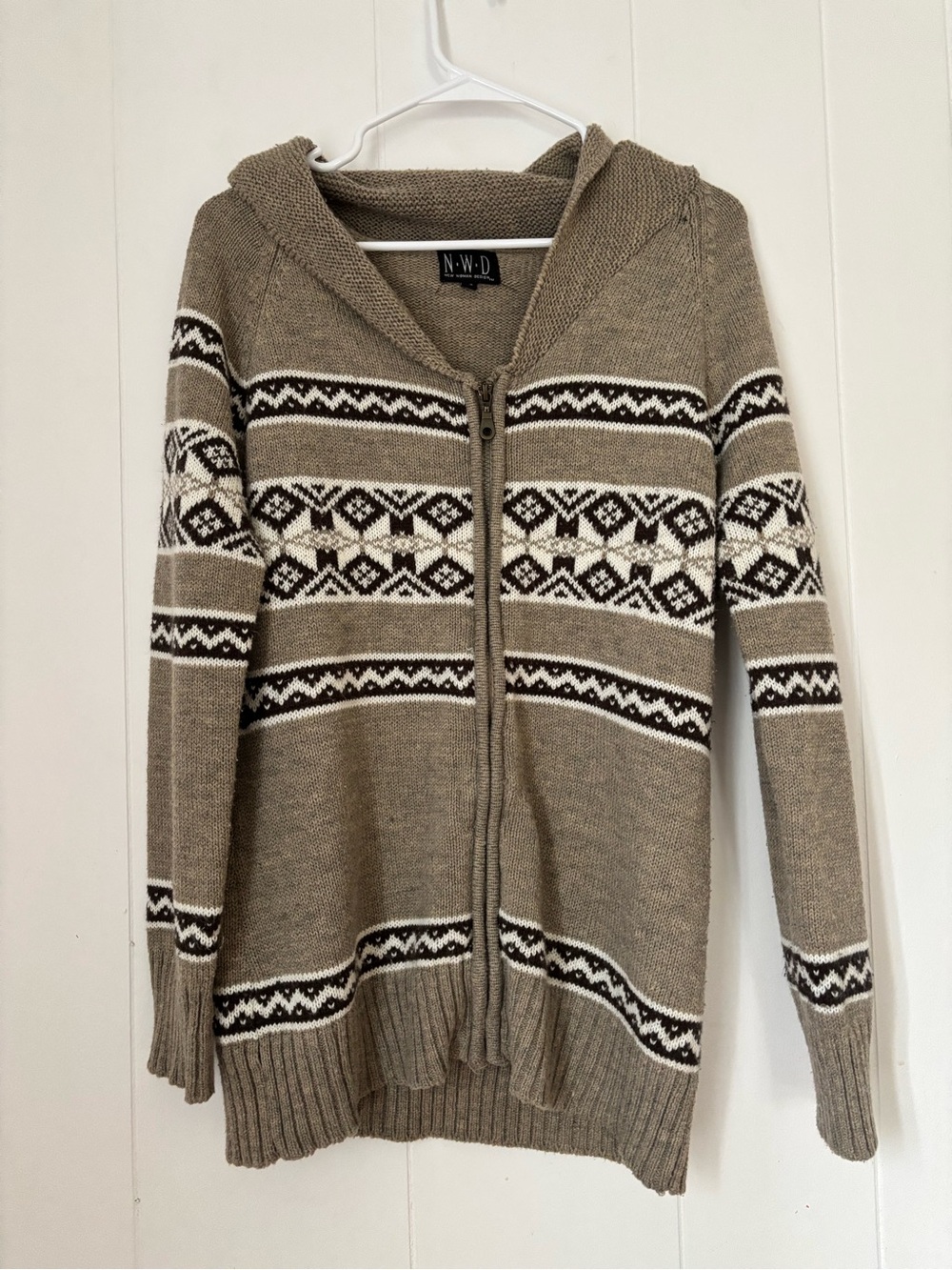 Taupe Zip Knit Sweater with Fair Isle Pattern